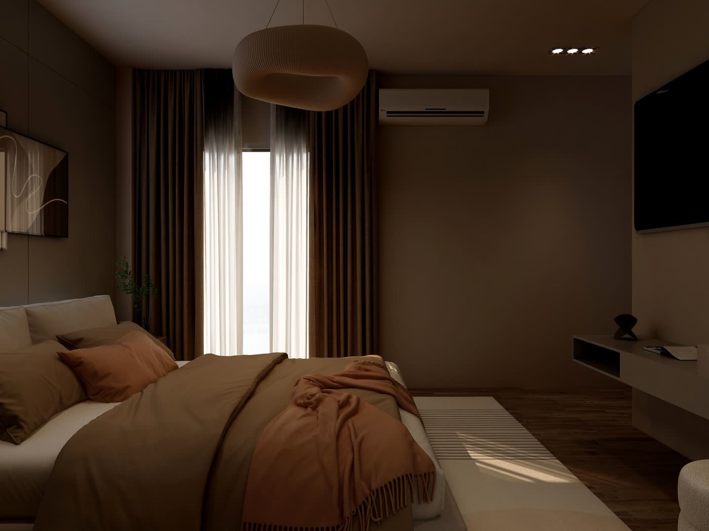 Dormitorio minimalista de tonos cálidos con luz natural